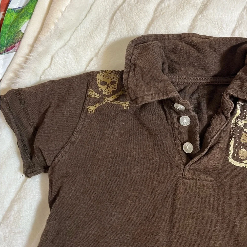 Y2K Baby Infant 24M Cotton Brown Tan Pirate Skull Crossbone Polo Disneybound Top